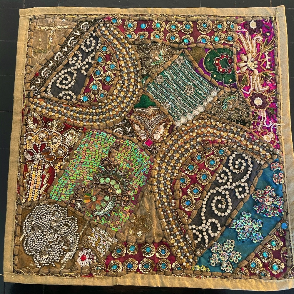 Throw Pillow, Beads Sequins Patchwork Embroidered